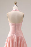 Halter Blush Pink A-Line Pleated Long Prom Dress with Slit