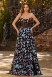 Black Strapless Floral A Line Sheer Corset Long Prom Dress with Slit