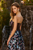 Black Strapless Floral A Line Sheer Corset Long Prom Dress with Slit