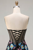 Strapless Black A Line Sheer Corset Print Floral Long Prom Dress with Slit
