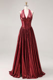 Metallic Burgundy A Line Halter Long Prom Dress with Slit