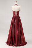 Metallic Burgundy A Line Halter Long Prom Dress with Slit