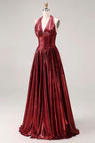 Metallic Burgundy A Line Halter Long Prom Dress with Slit
