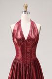 Metallic Burgundy A Line Halter Long Prom Dress with Slit