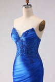 Royal Blue Strapless Mermaid Beaded Satin Long Prom Dress with Slit