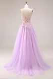 Sweetheart Lilac Tulle A-Line Appliqued Long Prom Dress with Slit