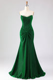 Strapless Mermaid Dark Green Ruched Satin Long Prom Dress with Lace Up Back
