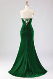 Strapless Mermaid Dark Green Ruched Satin Long Prom Dress with Lace Up Back