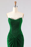 Strapless Mermaid Dark Green Ruched Satin Long Prom Dress with Lace Up Back