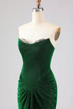 Strapless Mermaid Dark Green Ruched Satin Long Prom Dress with Lace Up Back
