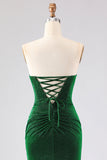 Strapless Mermaid Dark Green Ruched Satin Long Prom Dress with Lace Up Back