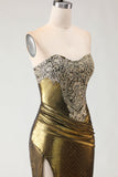 Metallic Bronze Mermaid Strapless Beaded Long Prom Dress with Slit