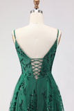 Dark Green A Line Sequins Embroidered Lace Up Back Long Prom Dress with Slit