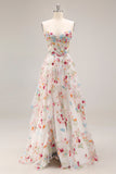 Champagne Flower A Line Corset Ruffle Long Prom Dress with Slit