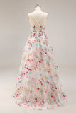 Champagne Flower A Line Corset Ruffle Long Prom Dress with Slit