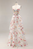 Champagne Flower A Line Corset Ruffle Long Prom Dress with Slit