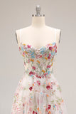 Champagne Flower A Line Corset Ruffle Long Prom Dress with Slit