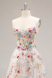 Champagne Flower A Line Corset Ruffle Long Prom Dress with Slit