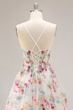 Champagne Flower A Line Corset Ruffle Long Prom Dress with Slit