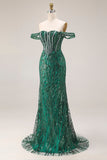Dark Green Mermaid Off The Shoulder Corset Sequin Long Prom Dress with Beading