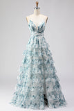 Blue A Line Spaghetti Straps Tiered Ruffle Print Floral Long Prom Dress with Slit