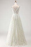 White Yellow Floral A Line V Neck Open Back Long Prom Dress with 3D Flowers