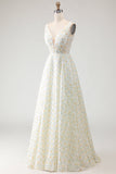 White Yellow Floral A Line V Neck Open Back Long Prom Dress with 3D Flowers