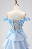 Light Blue A Line Off the Shoulder Appliqued Corset Tiered Ruffle Long Prom Dress