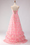 Pink Strapless A-Line Cut Out Bowed Floral Long Prom Dress with Slit