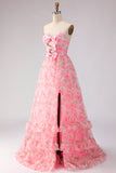 Pink Strapless A-Line Cut Out Bowed Floral Long Prom Dress with Slit