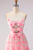 Pink Strapless A-Line Cut Out Bowed Floral Long Prom Dress with Slit