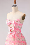 Pink Strapless A-Line Cut Out Bowed Floral Long Prom Dress with Slit