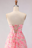Pink Strapless A-Line Cut Out Bowed Floral Long Prom Dress with Slit