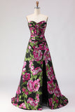 Black Floral A Line Strapless Corset Jacquard Long Prom Dress with Slit