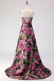 Black Floral A Line Strapless Corset Jacquard Long Prom Dress with Slit