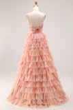 A-Line Floral Cut Out Tiered Bowed Sunset Long Prom Dress with Slit