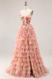A-Line Floral Cut Out Tiered Bowed Sunset Long Prom Dress with Slit