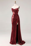Metallic Burgundy Strapless Ruched Mermaid Long Prom Dress with Slit