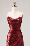 Metallic Burgundy Strapless Ruched Mermaid Long Prom Dress with Slit