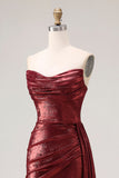 Metallic Burgundy Strapless Ruched Mermaid Long Prom Dress with Slit