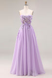 Lilac Appliqued Strapless A Line Corset Long Prom Dress