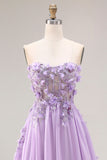Lilac Appliqued Strapless A Line Corset Long Prom Dress