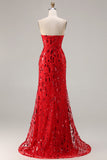 Sparkly Red Strapless Mermaid Sequin Long Prom Dress with Slit