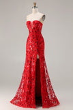 Sparkly Red Strapless Mermaid Sequin Long Prom Dress with Slit