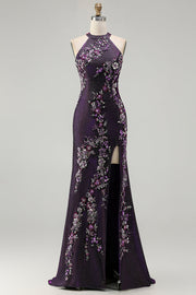 Sparkly Navy Sequin Halter Mermaid Appliqued Long Prom Dress with Slit