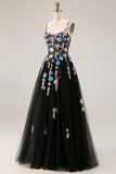 Sparkly Black A-Line Tulle Sequin Long Prom Dress with Slit