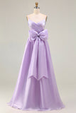 Lilac A Line Spaghetti Straps Pleated Satin Long Prom Dress with Bow