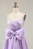 Lilac A Line Spaghetti Straps Pleated Satin Long Prom Dress with Bow