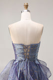 Dusty Blue Strapless A-Line Floral Ruffled Long Prom Dress with Lace Up Back