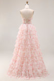 Halter A-Line Candy Pink Corset Floral Tiered Ruffle Long Prom Dress with Pearls